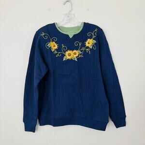 C&K Designs Navy Blue Floral Embroidered Pullover Sweater Women’s Size 8